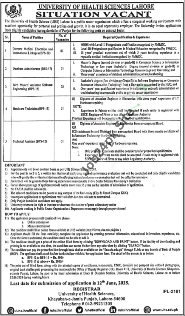 University of Health Science Lahore jobs 2025